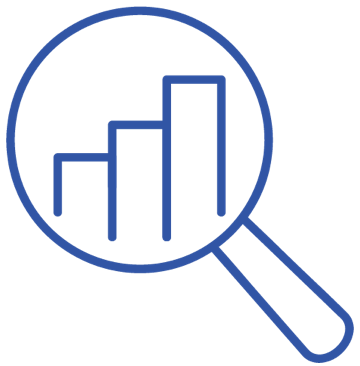 Magnifying glass focused on progressively rising bars