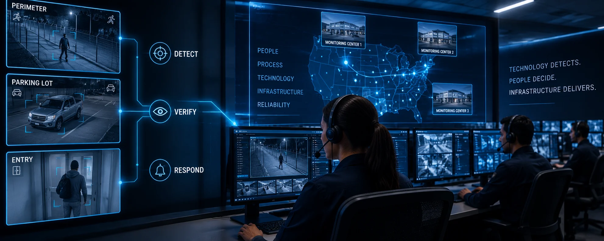 Monitoring agents surrounded by data displays and text callouts